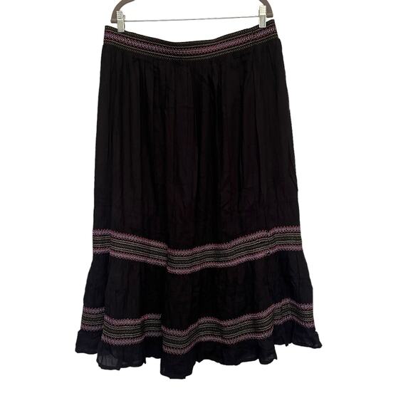 Linda Anderson Boho Maxi Skirt Sz XL Black Festival Embroidered Smocking Peasant - Picture 1 of 12